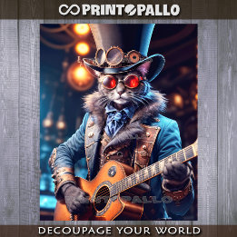 Gato steampunk com cartola e óculos tocando violão