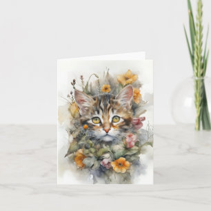 Gato Tabby Cinza com Cartão de Abertura de Flores