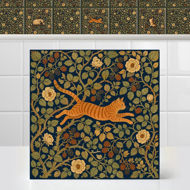 Gato Tabby Laranja William Morris Saltando Dossel (Art Nouveau Antique Pattern William Morris Orange  Tabby Cat Leaping Canopy Ceramic Tile Mural)