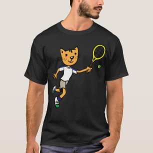 Gato toca tênis badminton, camisa de emblema engr