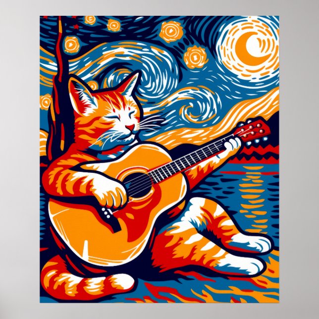 Gato tocando violão ao ar livre Poster (Frente)
