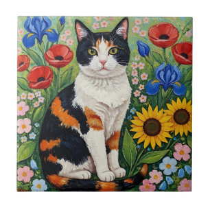 Gato Tricolor e Girassóis Arte Popular