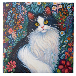 Gato Tuxedo Caprichoso com Flores Silvestres