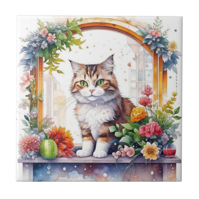 Gato Whimsical Bonito na Janela das Flores (Frente)