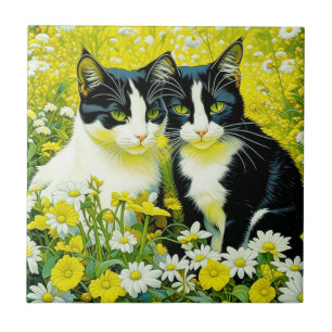 Gatos Adoráveis sentados em um campo de Daisies