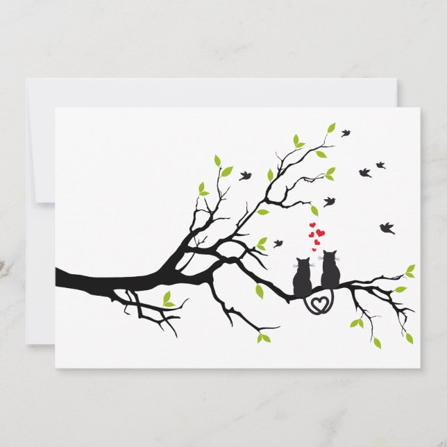 Gatos apaixonados em árvore com corações vermelhos (Frente)