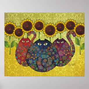 gatos com impressão das canvas dos girassóis