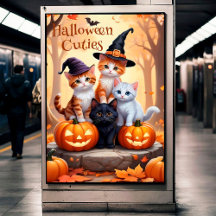 Gatos de Halloween com Poster de Parede de Abóbora
