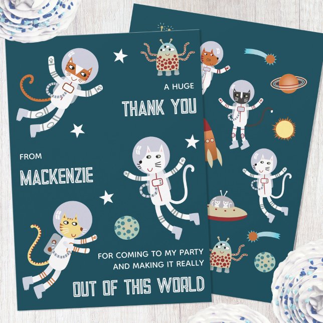 Gatos Divertidos no Espaço Agradecimento Aniversár (Fun space themed cat astronaut personalized kids name party thank you card)