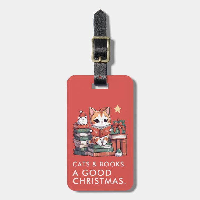 Gatos e Livros Etiqueta de Bagagem de Natal (Frente Vertical)