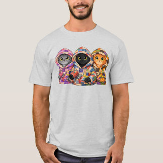 Gatos em camisetas de capuz de colcha reciclada