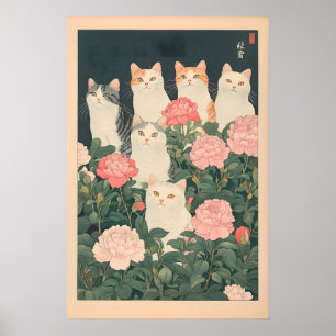 Gatos em Flores Impressão Arte Japonesa Vintage Uk