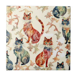 Gatos em Padrão Chinês de Aquarela