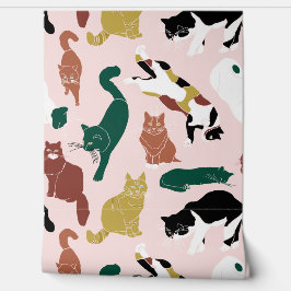 Gatos encantadores desenhados à mão em fundo rosa