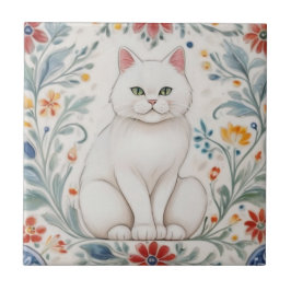 Gatos Florais - Gato Branco Flores Folclóricas Col
