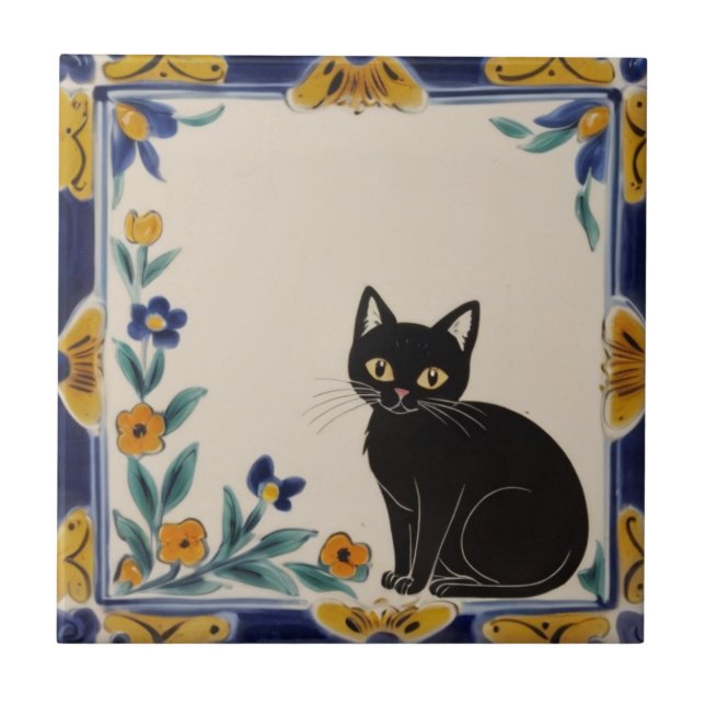 Gatos Florais - Gato Preto Fofo e Flores Laranjas (Frente)