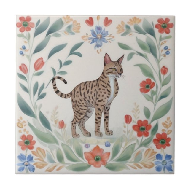 Gatos Florais - Gato Savannah Flores Folclóricas C (Frente)