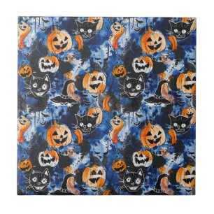 Gatos fofos de Halloween e abóboras laranjas em az