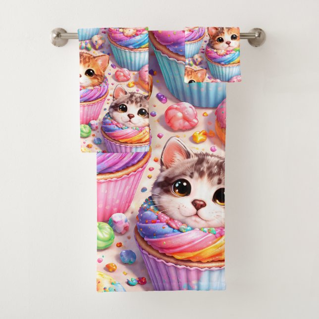 Gatos fofos e cupcakes, toalha de banho arco-íris (Insitu)