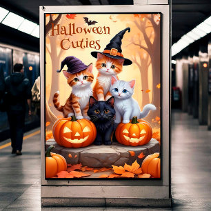 Gatos Halloween com Poster de Muro de Pumpkins