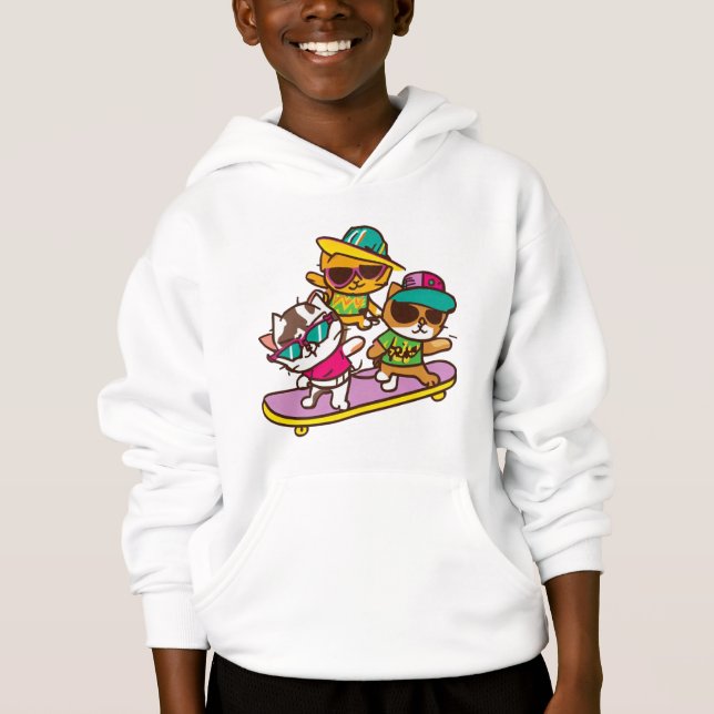 Gatos Jogam Skateboard Vestindo Óculos Hip Hop Hat (Frente)