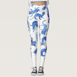 Gatos Ming Celestiais Legging de Chinoiserie Azul