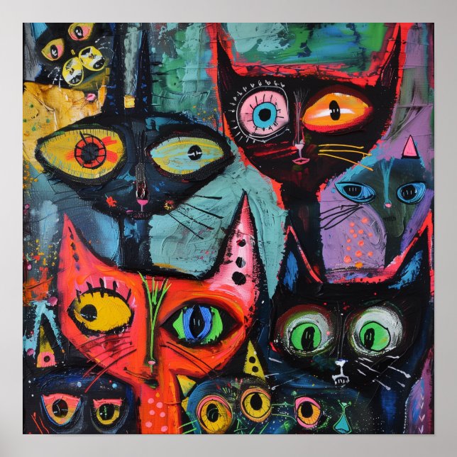 Gatos Misteriosos - Impressão de Arte Whimsical (Frente)