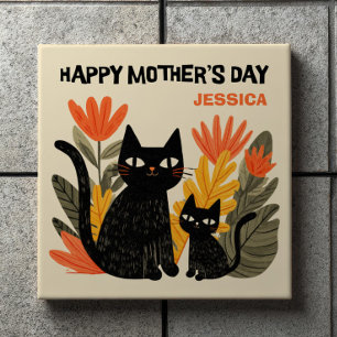 Gatos Pretos de Desenho Animado Fofo Floral Feliz