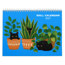 Gatos Pretos e Plantas de Casa Calendário de Pared
