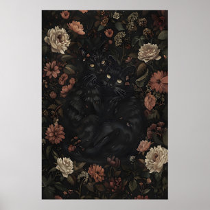 Gatos Pretos Florais Impressão de Arte Vintage, Da