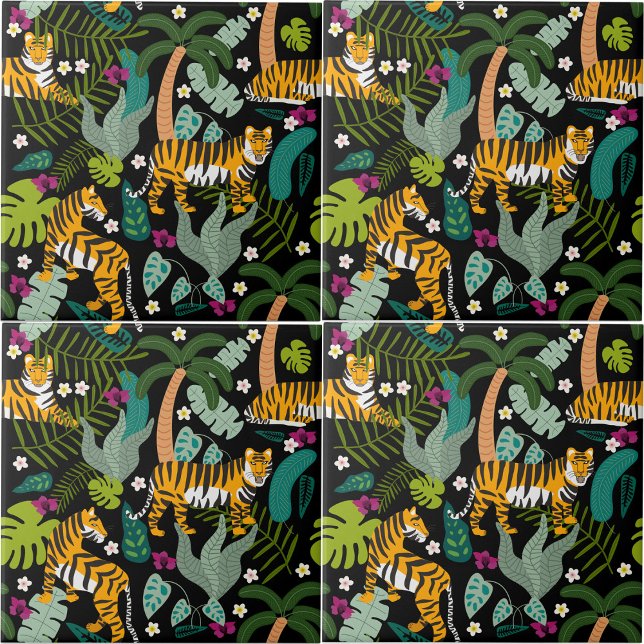 Gatos Safari Pretos Da Selva Botânica Do Tigre Tro (Tropical Tiger Black Botanical Jungle Safari Cats Ceramic Tile)