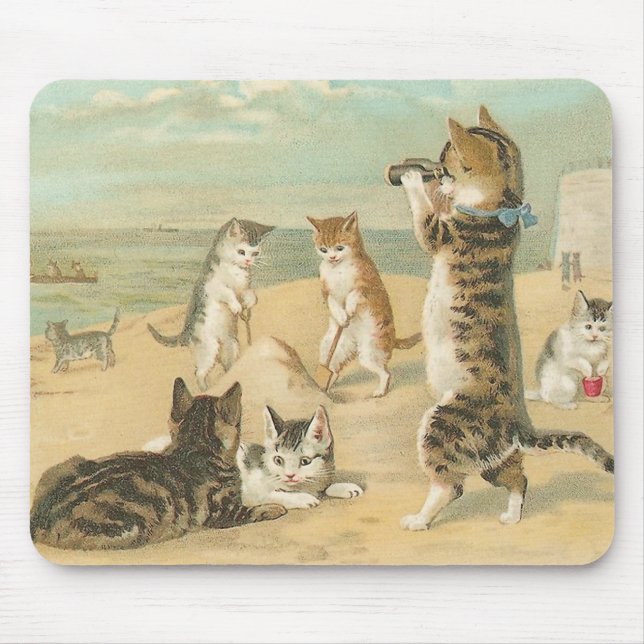 "Gatos vintage Mousepad na praia" (Frente)