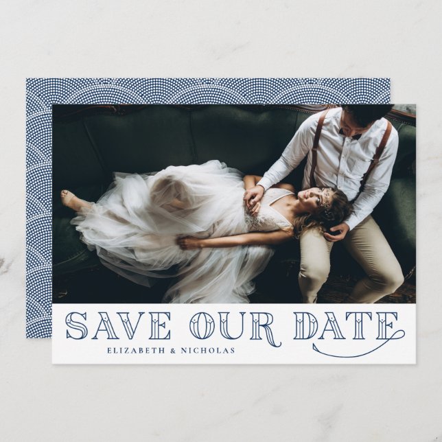 Gatsby Art Deco Typografia Blue Save Date (Frente/Verso)