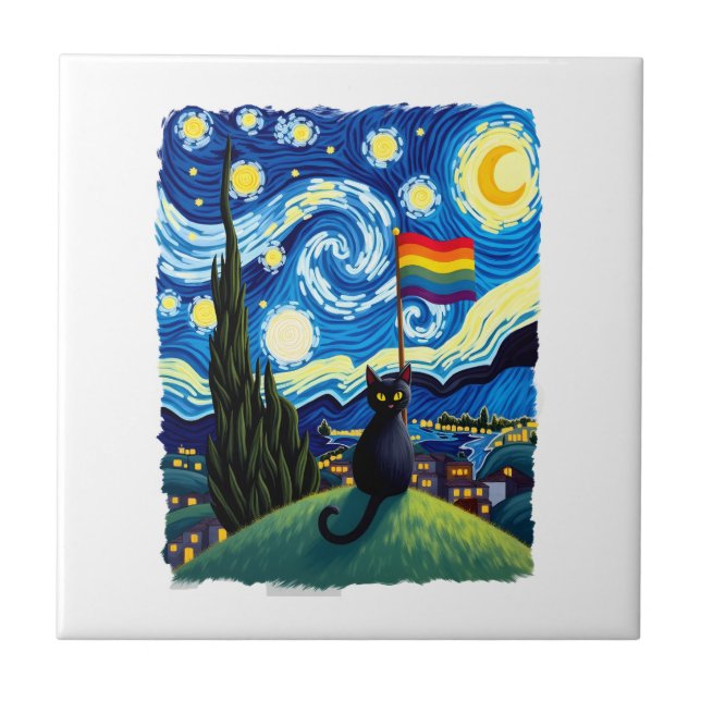 Gay Pride Cat Art Cat Starry Night Style LGBTQ Pri (Frente)