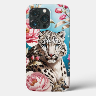 Gaze-leopardo-da-neve em greve e peônias cor-de-ro