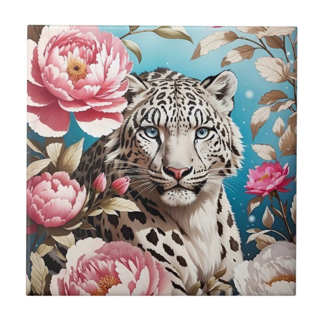 Gaze-Leopardo-Da-Neve Em Greve E Pêonias Rosa (Frente)