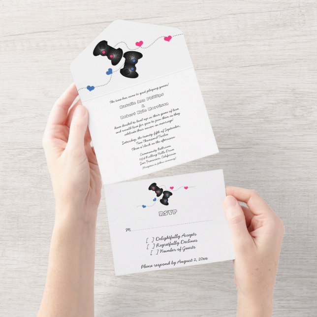 Geeky Gamers All in One Convite de casamento | Ros (Aba destacável)
