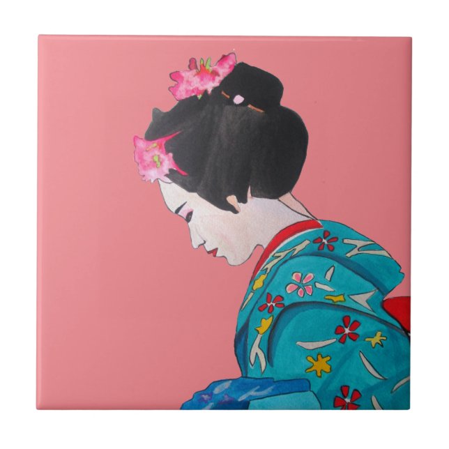 Geisha bonitinha japonesa com flor de cereja rosa (Frente)
