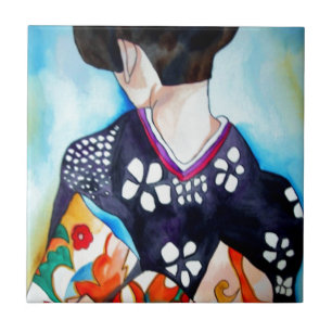 Geisha com pintura original kimono azul escuro
