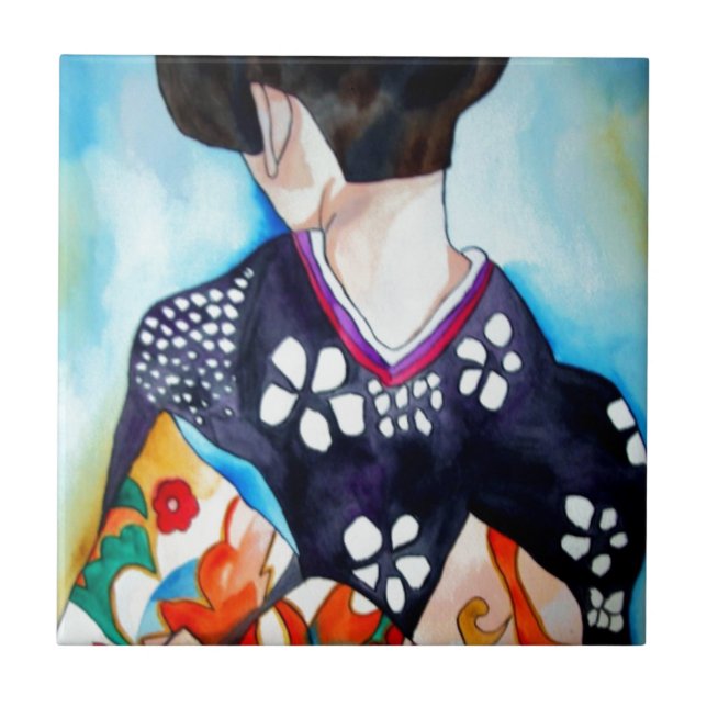 Geisha com pintura original kimono azul escuro (Frente)