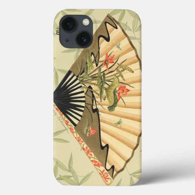 Geisha Fan com Folhas e Impressão Floral (Verso)