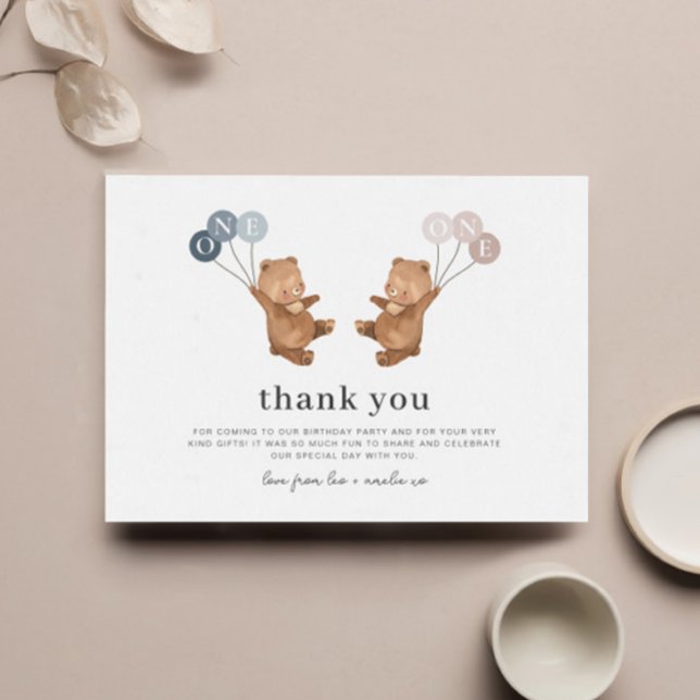 Gêmeos Bear Boy - Cartões de agradecimentos primei (Bear Boy Girl Twins - 1st Birthday Thank You Card)