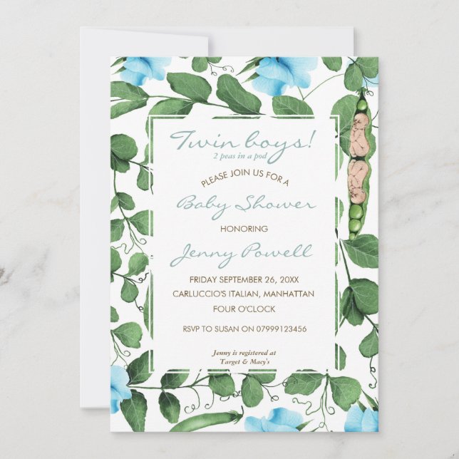 Gêmeos chá de fraldas duas ervilhas em um convite (Frente)