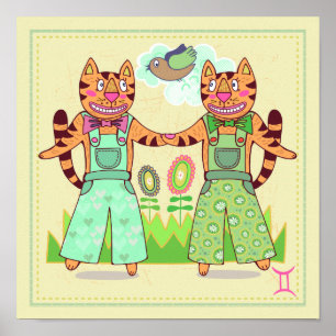 Gemini gêmeos Cat Zodiac Nursery Impressão