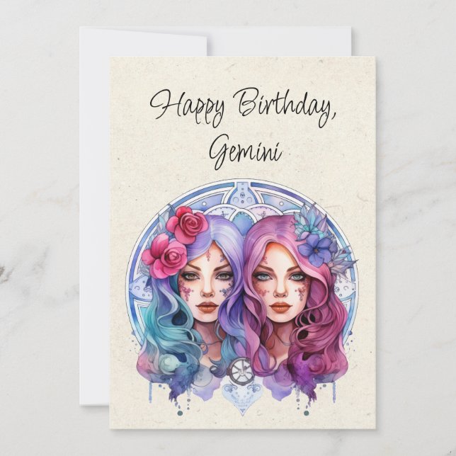 Gemini Gêmeos Zodac Watercolor Cartão Flat Birthda (Frente)