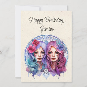 Gemini Gêmeos Zodac Watercolor Cartão Flat Birthda