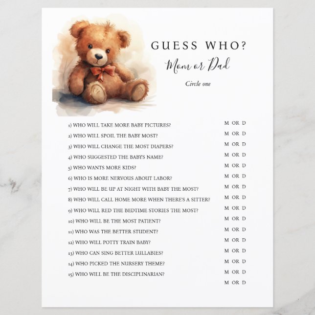 Gender Neutral Teddy Bear Baby Shower Game (Frente)