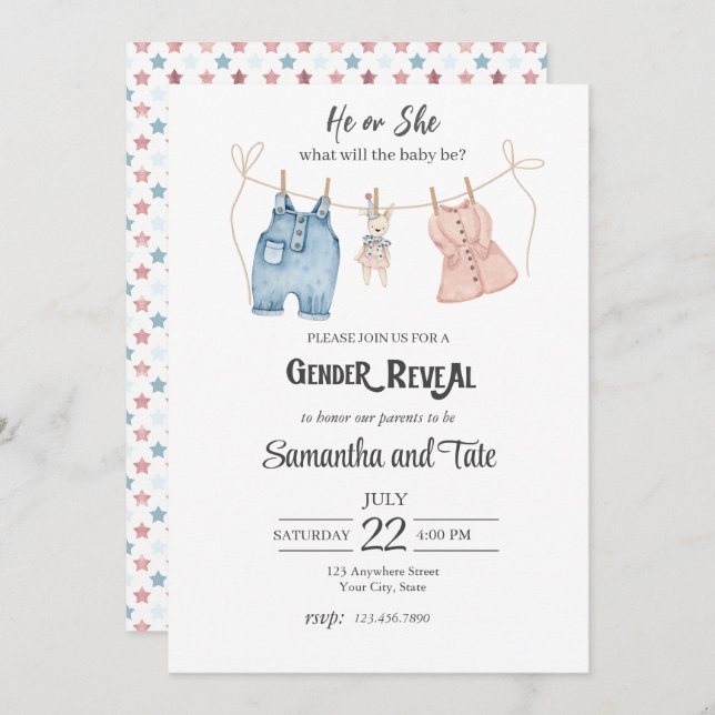 Gênero Azul e Rosa Revelar Convite (Frente/Verso)