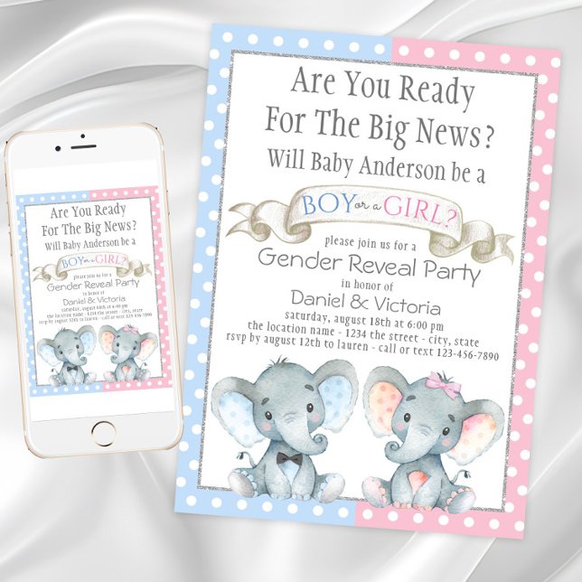 Gênero elefante Revele convites para bebês (Elephant Gender Reveal Baby Shower Invitations. Instant Download and printed invitations available.)