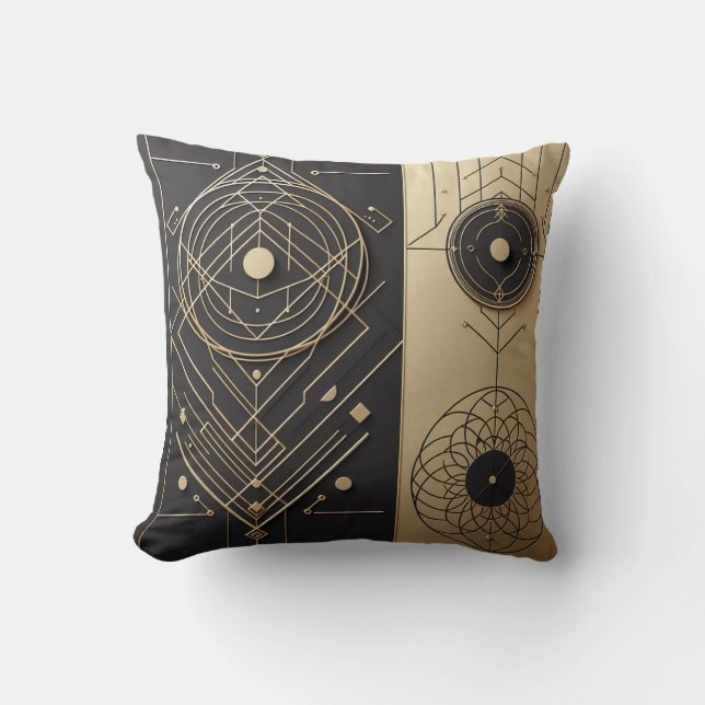 Geometria por fios em almofada de preto e de ouro (Frente)